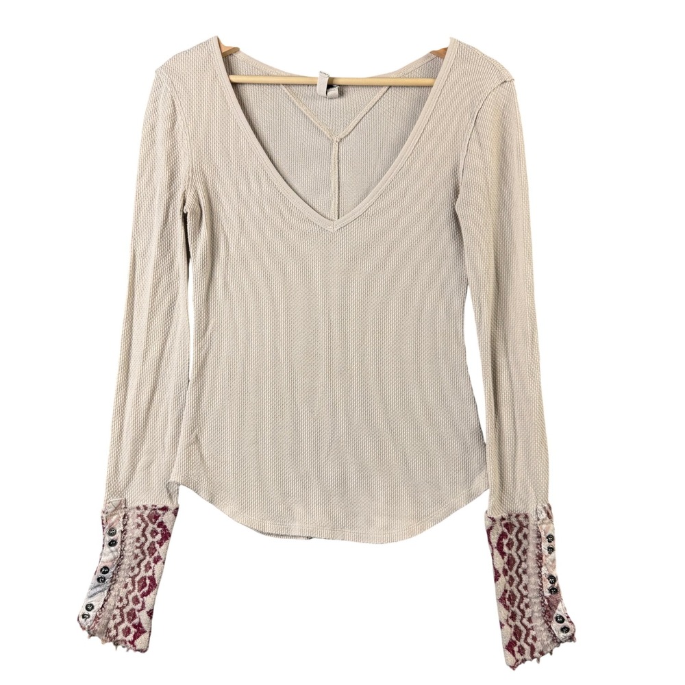 We The Free Free People Laguna Thermal V-Neck Top Beige Fair Isle Cuffs Small